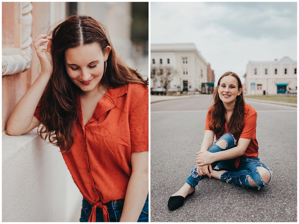 Senior portrait session in downtown Pensacola near historic buildings. Pensacola photography by Jennifer Beal