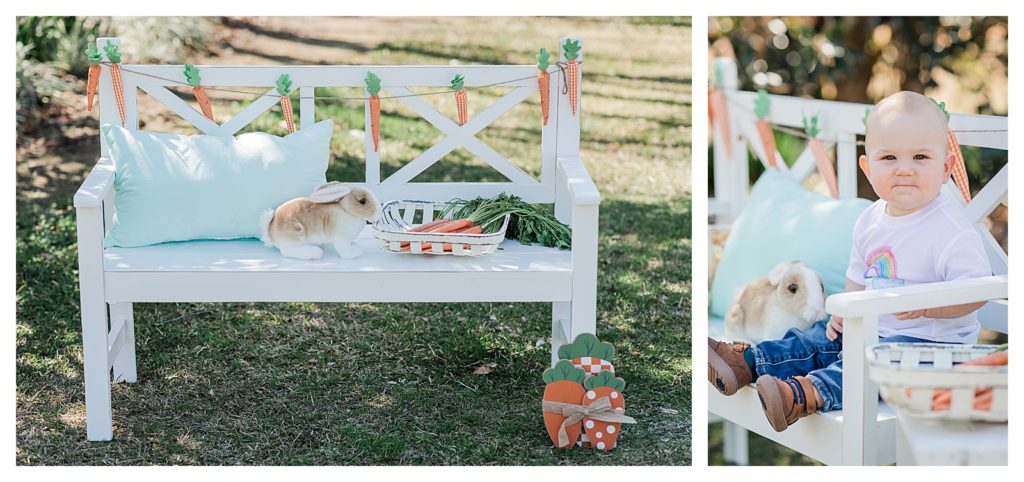 Toddler on white bench with carrots and bunny during Spring Mini photo session with Pensacola Family Photographer, Jennifer Beal Photography. 