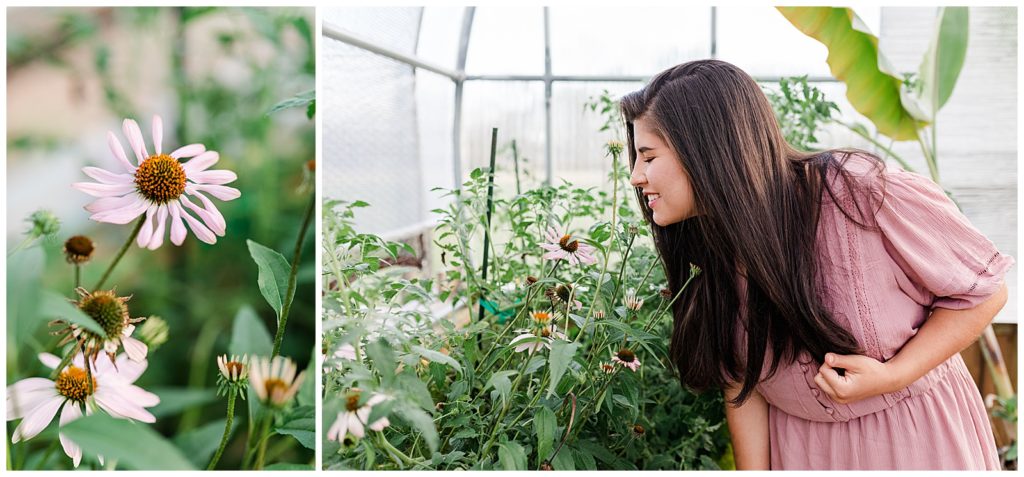 Greenhouse senior portraits. Senior girl smelling flowers in greenhouse. Pensacola Senior Photographer