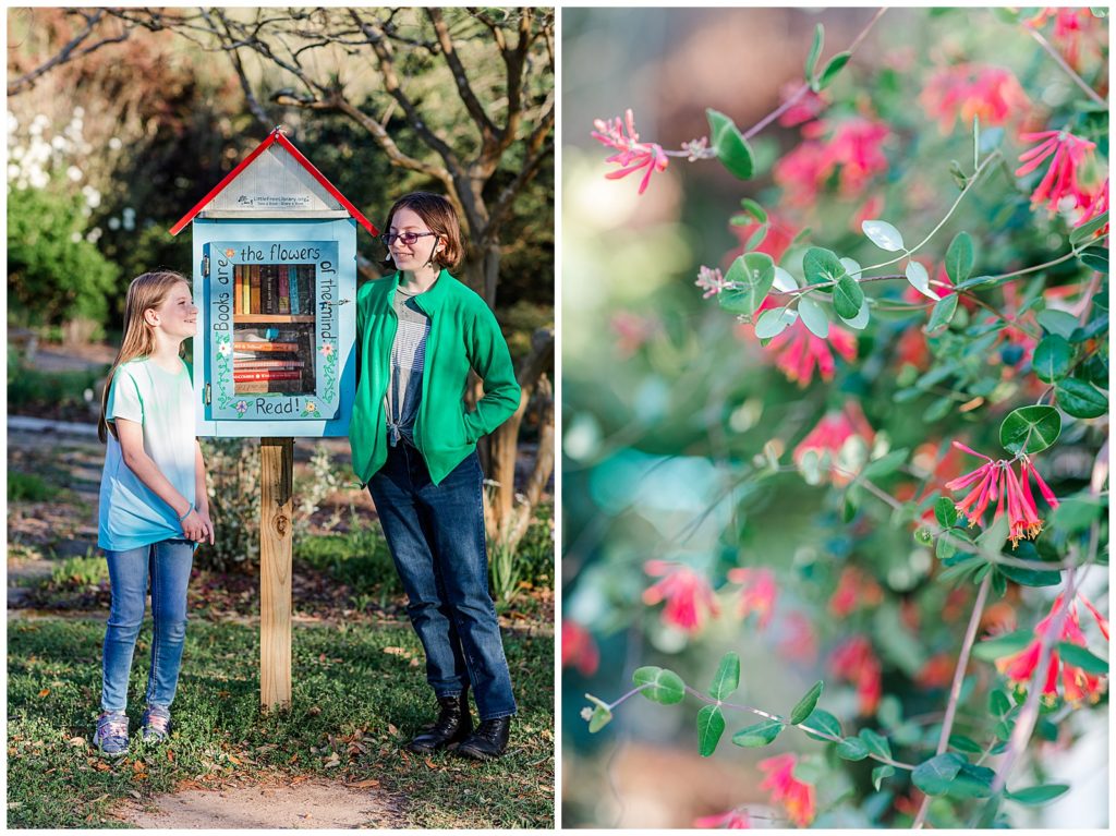 Girls standing with the Little Free Library and blooms during Cantonment family photo session. Pensacola Photographer