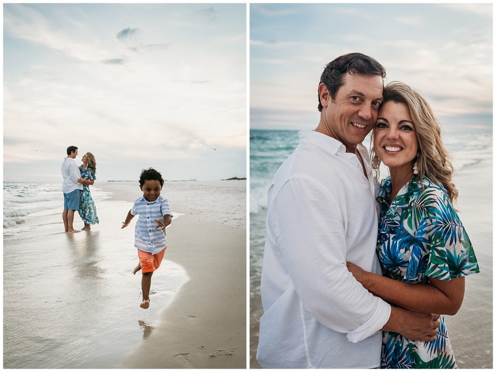 Couple hugging while son runs down the beach. Pensacola Beach Photography 