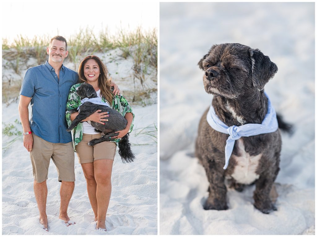 Family portrait of couple with their dog at the Pensacola Beach dog beach. Pensacola Family Photographer
