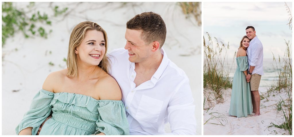 Jennifer Beal Photography - Couple cuddling in sand dunes during engagement photos.
