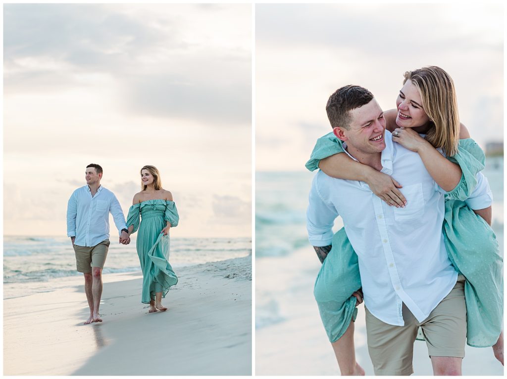 Jennifer Beal Photography - Couples engagement session. Couple holding hands walking down the beach sunset photos.