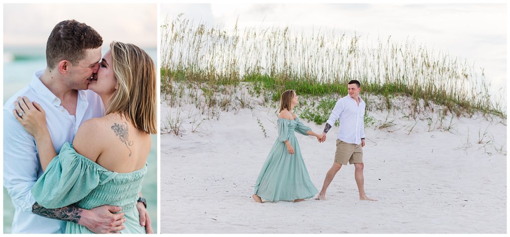 Pensacola Beach Photographers - Jennifer Beal Photography captures engaged couple walking on the white sands at Pensacola Beach.