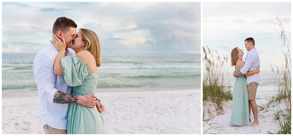 Couple embracing and kissing during engagement session. Pensacola Beach couple photo session by Jennifer Beal Photography.