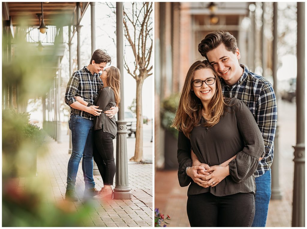 Palafox Pier engagement photoshoot location with a newly engaged couple embracing.