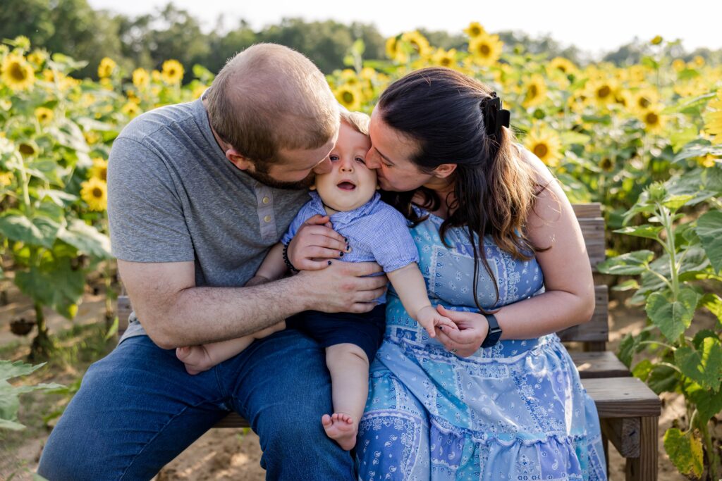 Family of 3 photo session at Holland Farms Sunflower field in Milton, FL. 